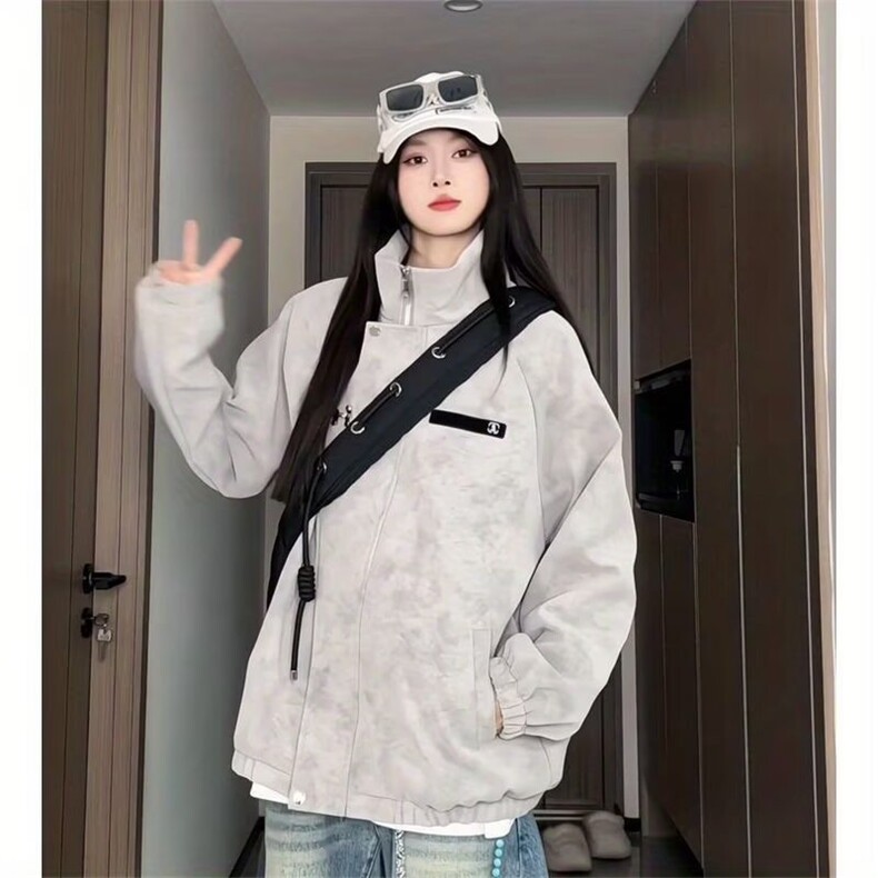 J509-P75设计感金属飞机扣扎染皮革夹克男女2025秋季宽松美式,男装夹克,电商B323A