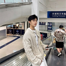 翻领宽松菱形麻花加厚针织开衫秋冬新慵懒学院外穿毛衣外套MYN59，男装针织衫/毛衣，星座516A