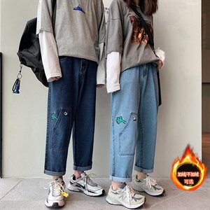 情侣牛仔裤加绒不加绒可选可爱卡通绣花男女直筒裤子潮图片