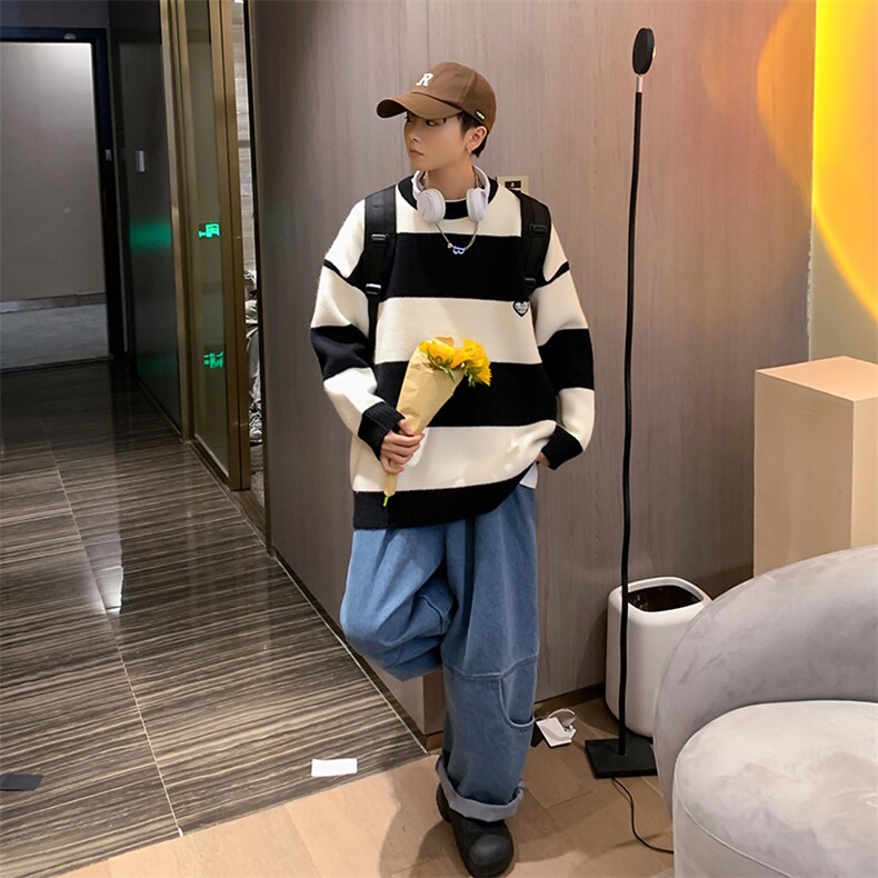 M3126-P80冬装新款潮流条纹百搭毛衣男女情侣宽松针织衫上衣外套,男装针织衫/毛衣,电商A009A（原A058A）