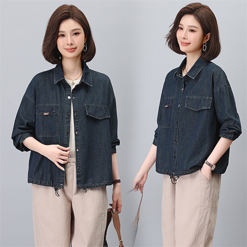 蓝色牛仔衬衫女长袖2024秋季新百搭宽松休闲牛仔衬衫，女装牛仔外套，悦见她