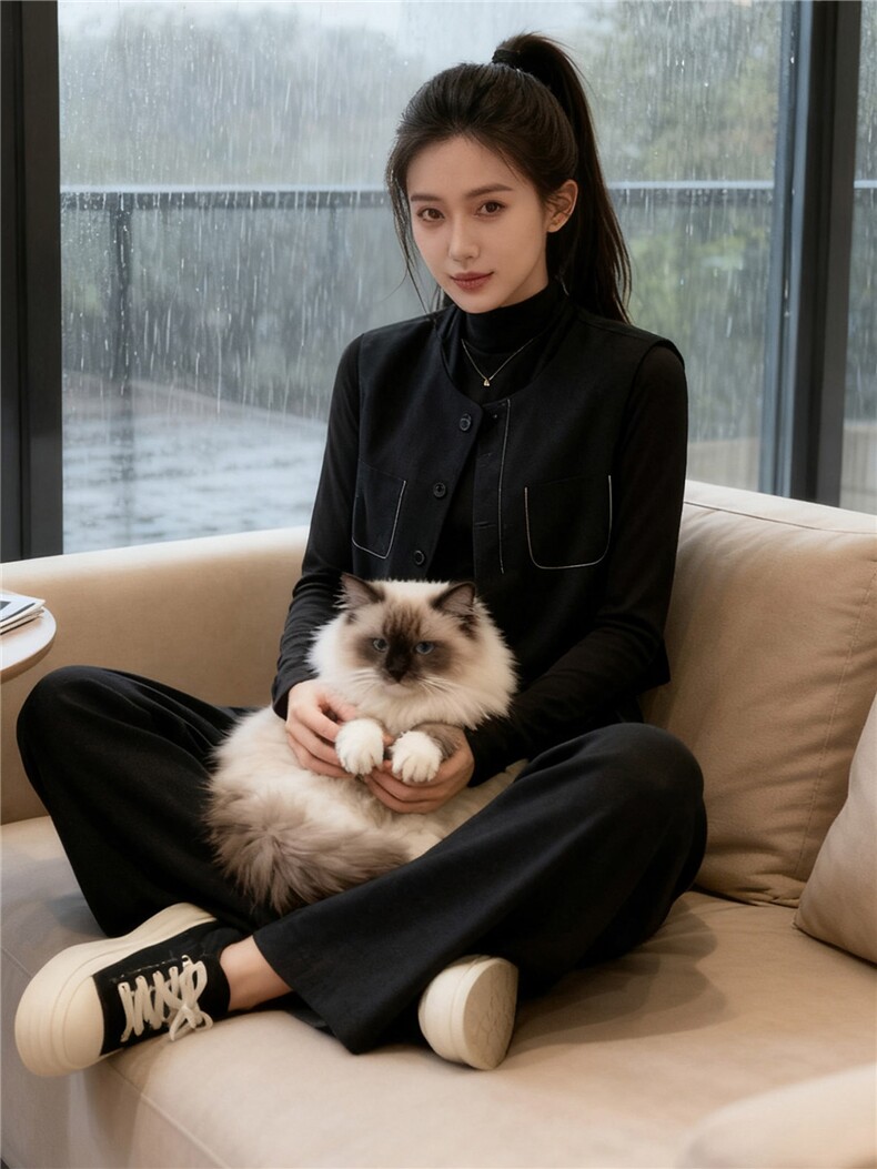 高端时尚套装女秋显瘦短款马甲外套内搭深灰打底衫阔腿长裤三件套,女装套装/套裙,江南