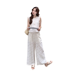 休闲花边无袖套装女2025夏季新款韩版气质减龄高级感阔腿裤两件套，女装套装/套裙，1D066-1