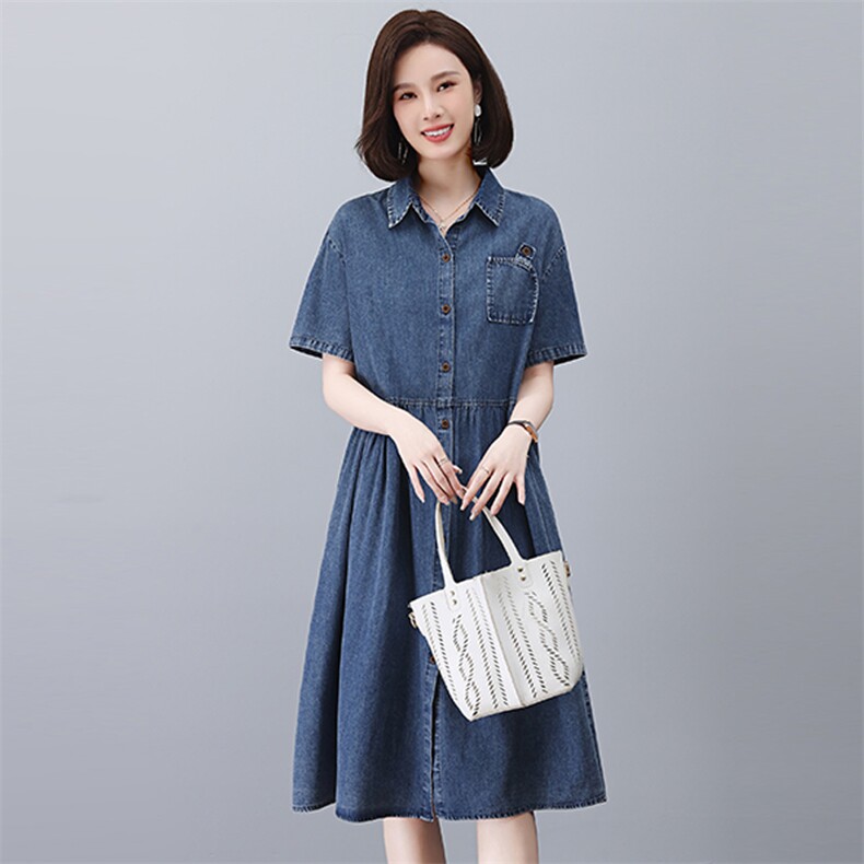 妈妈端庄大气夏装2025新款中年牛仔短袖连衣裙贵夫人时尚品牌裙子,女装连衣裙,悦见她