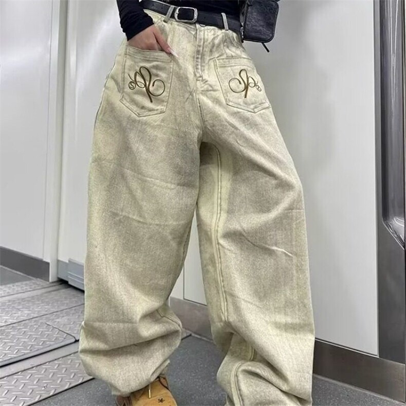 美式复古刺绣水洗牛仔裤女2025夏街头设计感脏染反穿宽松直筒裤子，男装牛仔裤，星座506A