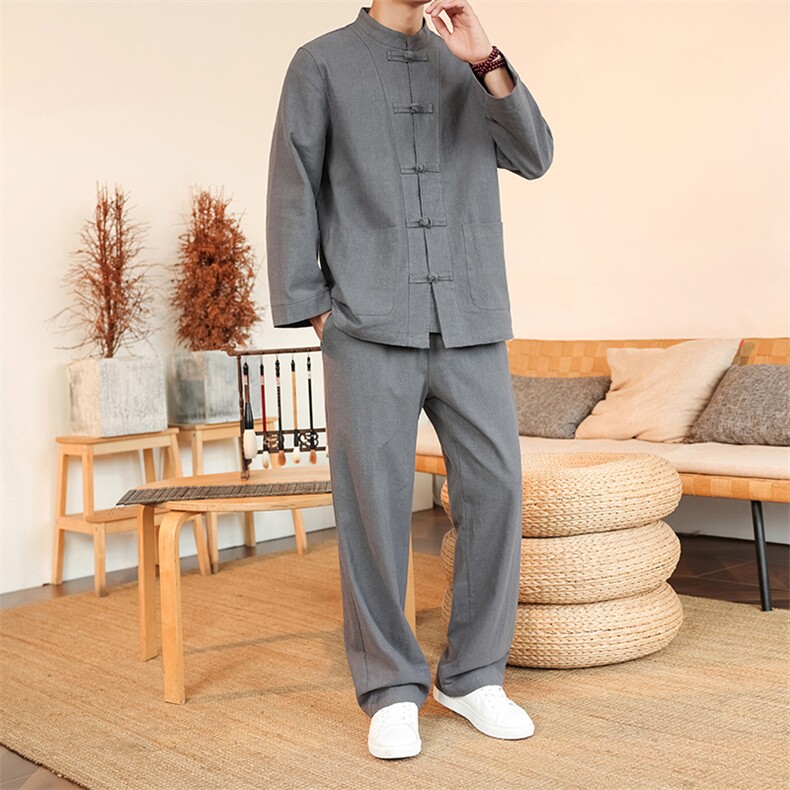风棉麻套装苎麻长袖盘扣男士纯色套装两件套秋DSA008-TZ2523,男装休闲套装,电商A008