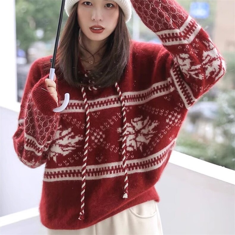 2024新款雪花提花宽松外穿毛衣女套头慵懒风,女装羊毛衫,珍珑羊绒