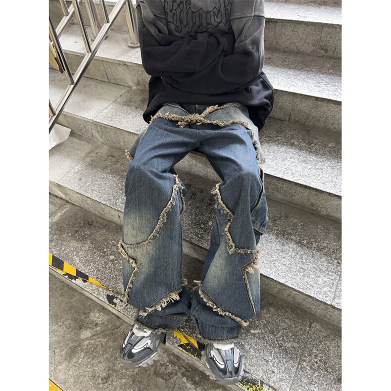 牛仔裤气质破洞流行文艺潮宽松港风时尚原宿长裤N8104-P60,男装牛仔裤,星座308B-1