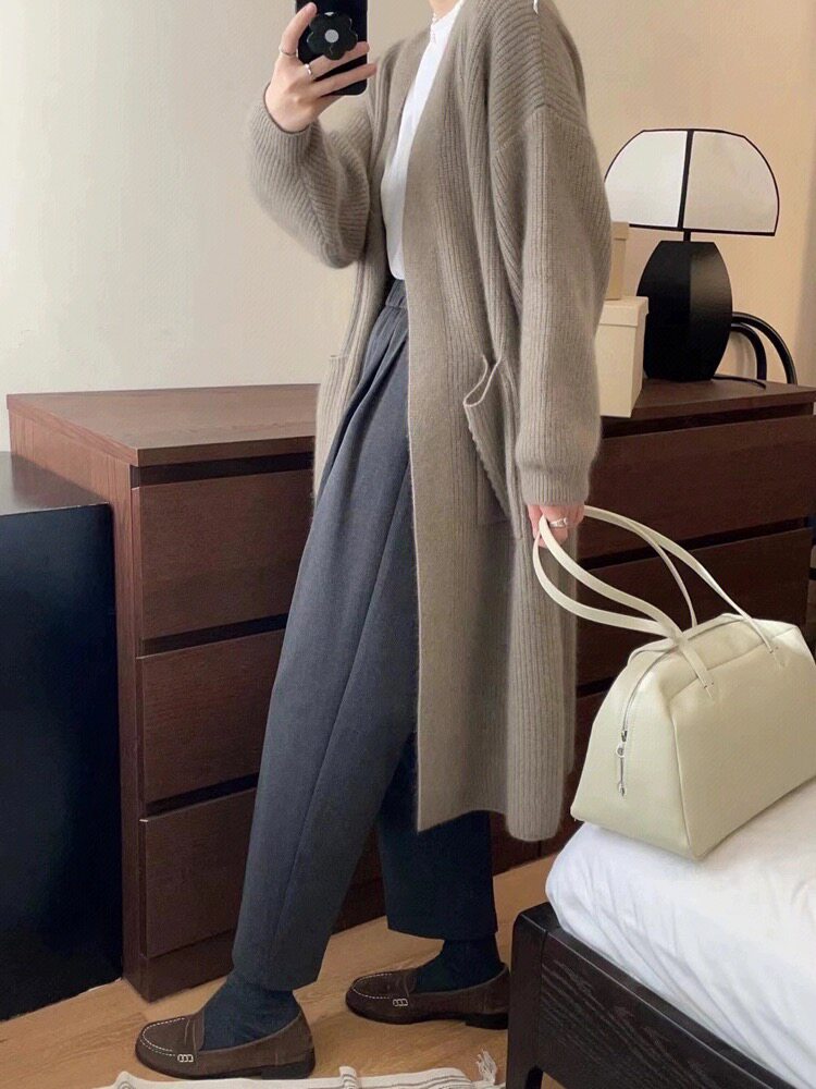 开衫女中长款V领秋冬慵懒软糯休闲宽松保暖针织衫,女装羊毛衫,恩泰羊绒