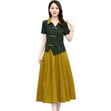 高端复古棉麻连衣裙女夏季2024新款休闲显瘦条纹亚麻套装裙两件套，女装套装/套裙，布芭啦