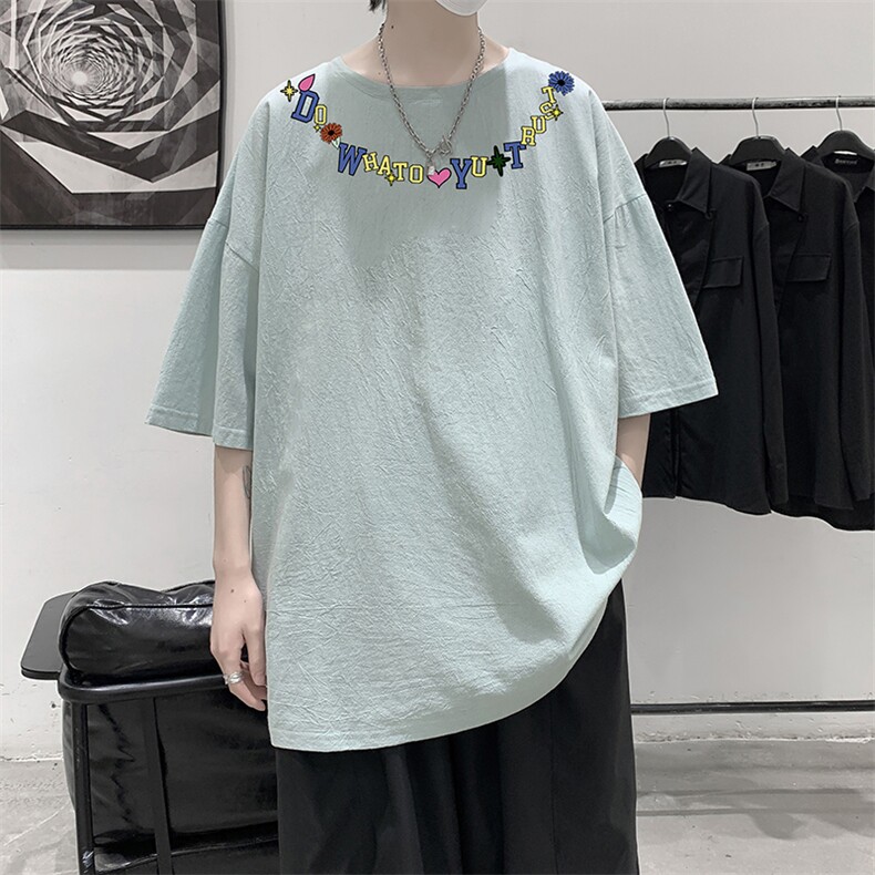 YT26381-P30亚麻短袖t恤男大码五分袖男宽松七分袖大皂风模特,男装T恤,电商A040