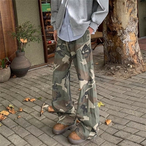 复古迷彩工装牛仔裤男款多口袋设计感阔腿宽松直筒长裤K6035-P49图片