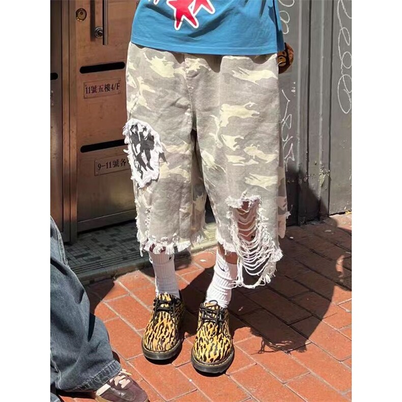 美式割破毛边迷彩七分裤男女宽松潮牌阔腿直筒短裤WA3399-P50,男装牛仔裤,星座1008