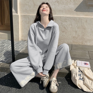 蓝色减龄连帽卫衣套装女2025春新款韩系设计感小个子阔腿裤两件套图片