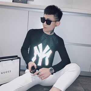 春款社会小伙反光镭射烫钻圆领毛衣修身针织打底衫YK207-P65控85图片