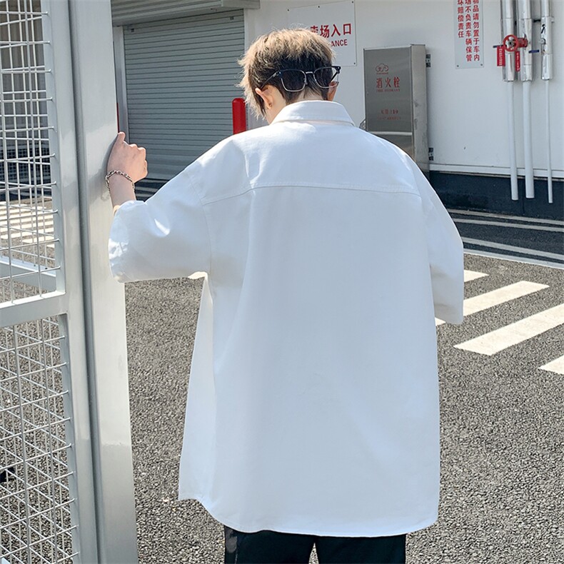 港风日系复古vibe纯色翻领工装短袖衬衫潮XZ213-CS8803-P45控58,男装T恤,星座213