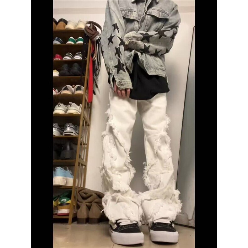 高街vibe破坏毛边流苏牛仔裤男女美式复古阔腿宽松裤WL81800-P55图片