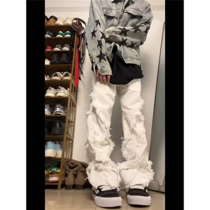 高街vibe破坏毛边流苏牛仔裤男女美式复古阔腿宽松裤WL81800-P55图片