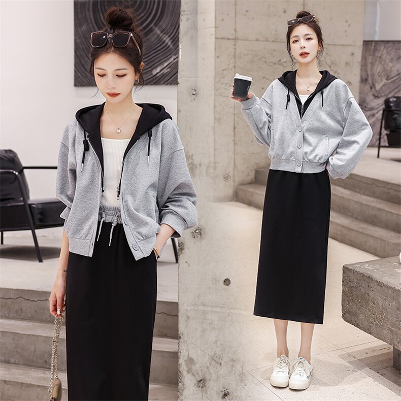 现货2023新款欧货潮撞色假两件卫衣半身裙套装女两件套洋气,女装套装/套裙,仟媚宠