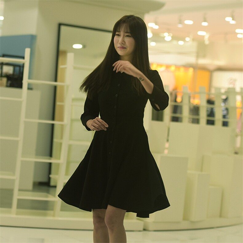 翻领修身纯色短款时尚排扣七分袖衬衫袖2021年春季连衣裙,女装连衣裙,奕阳依阁