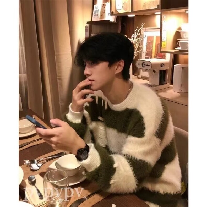 576-P52长袖冬季软糯水貂绒条纹撞色毛衣,男装针织衫/毛衣,电商B323A