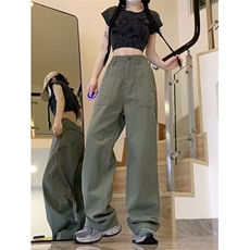 美式高街口袋皱褶工装裤男女复古阔腿微喇叭通勤裤子潮K6093-P49，男装休闲裤，星座412-3