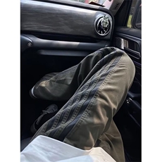条纹裤子男夏季薄款美式高街军绿色工装裤休闲拼接条杠宽松直筒裤，男装休闲裤，星座506A