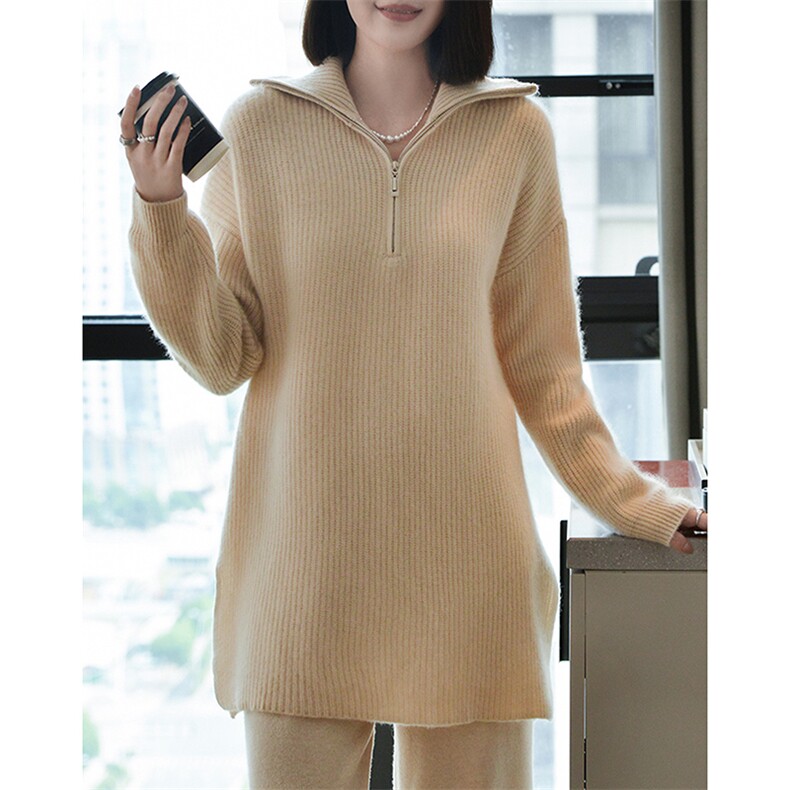 秋季新款修身显瘦女士羊毛元宝针高领中长款，女装羊毛衫，宋氏羊绒