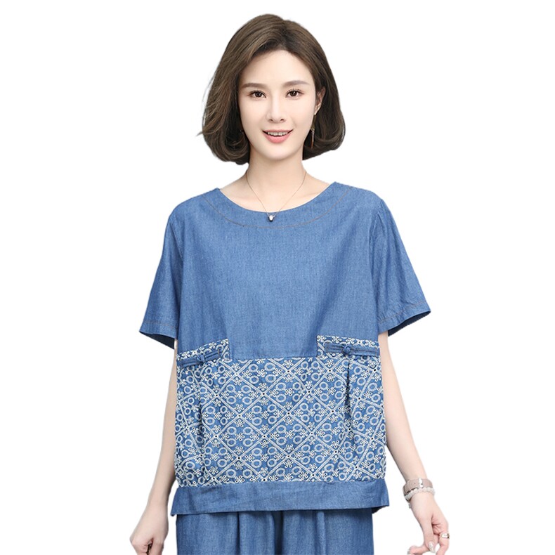 时尚拼接印花水洗牛仔盘扣短袖衬衫宽松显瘦百搭上衣,女装衬衫,叶笙衣