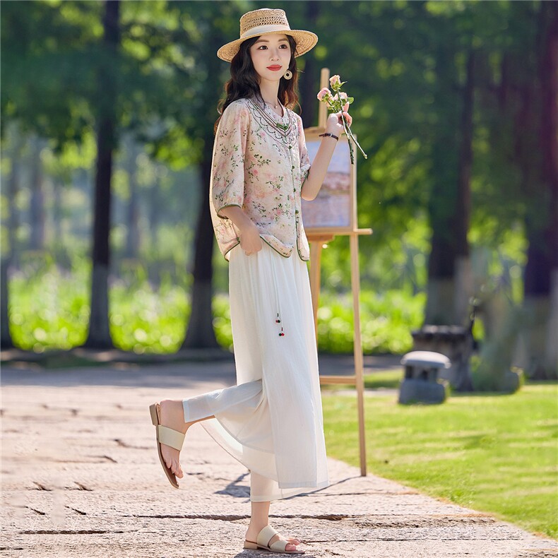 2026年夏季新款对襟刺绣小衫阔腿裤套装新中式套装女,女装套装/套裙,依路服饰