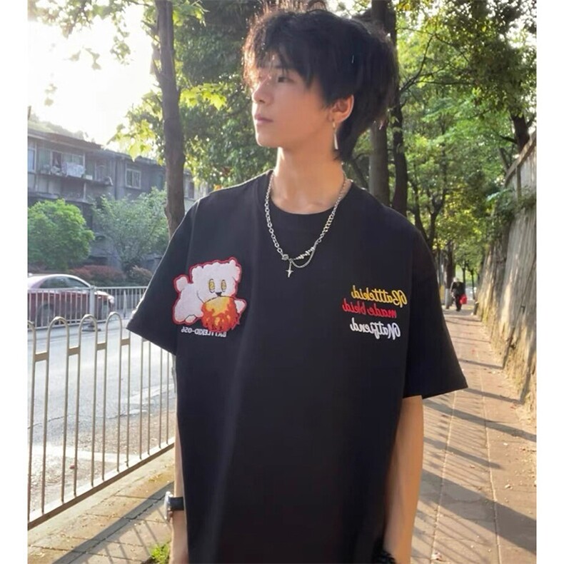 万针全刺绣工艺抖音得物高品质260克重磅纯棉双纱美式高街短袖T恤,男装T恤,电商A486