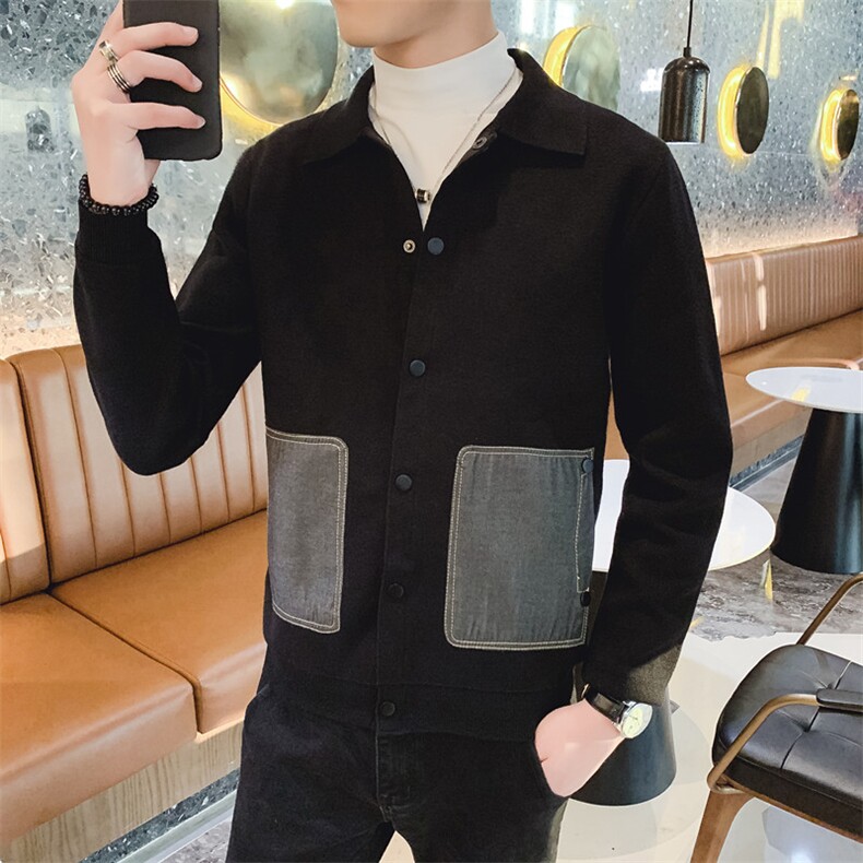 店主风精品秋冬简约针织开衫长袖毛衣外套口袋拼牛仔布V1026-P95,男装针织衫/毛衣,星座308A
