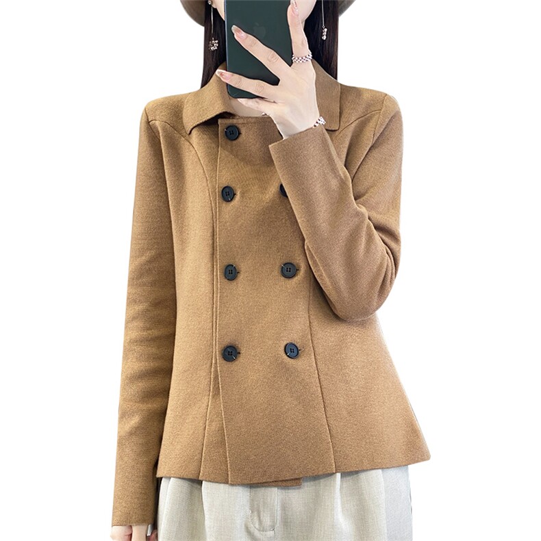 时髦高级感针织西服外套女2024春装欧货显瘦双排扣休闲上衣外搭,女装短外套,佳绒包芯纱店