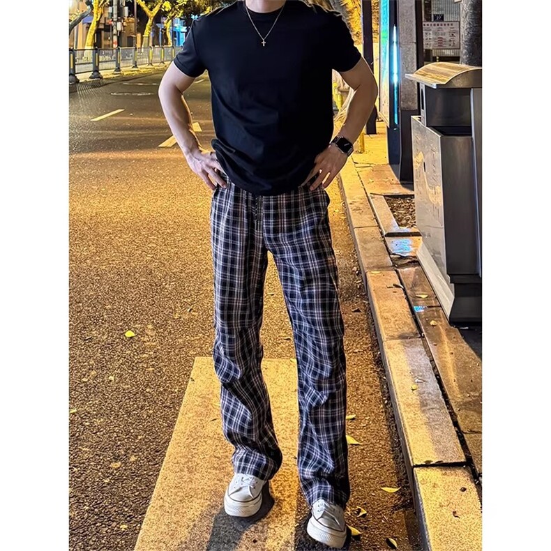 黑白格子裤男款秋季穿搭慵懒格纹阔腿裤子休闲微喇直筒裤,男装休闲裤,四季星座505