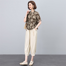 夏季薄款短袖上衣阔腿裤两件套印花休闲时尚高贵妈妈套装女潮，女装套装/套裙，多彩