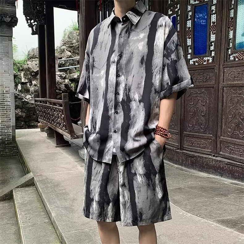 套装男士韩版潮衬衫拼色百搭宽松2024夏季新款ins两件套W5819-P53图片