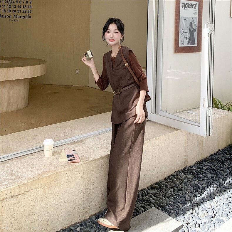 高级轻熟风穿搭咖色马甲套装女2025春秋超火好看阔腿裤气质三件套，女装套装/套裙，蝶眷