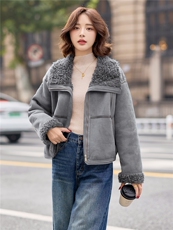9108时尚温暖皮毛一体外套，女装羊羔毛/颗粒绒，依路服饰