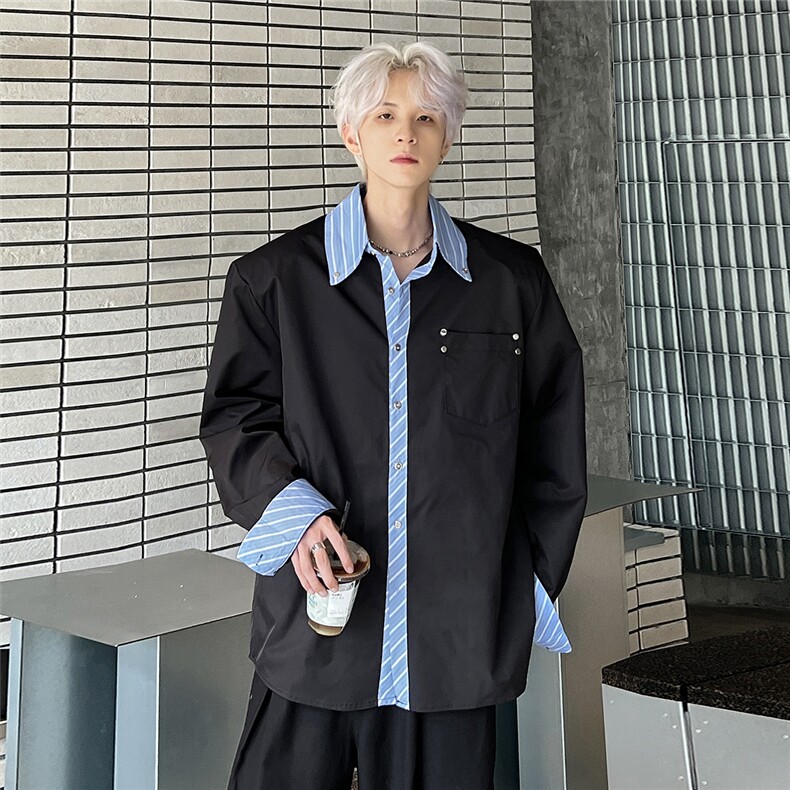 小众解构条纹假两件衬衫男秋冬季长袖上衣手工铆钉CS91-P58,男装衬衫,电商C307
