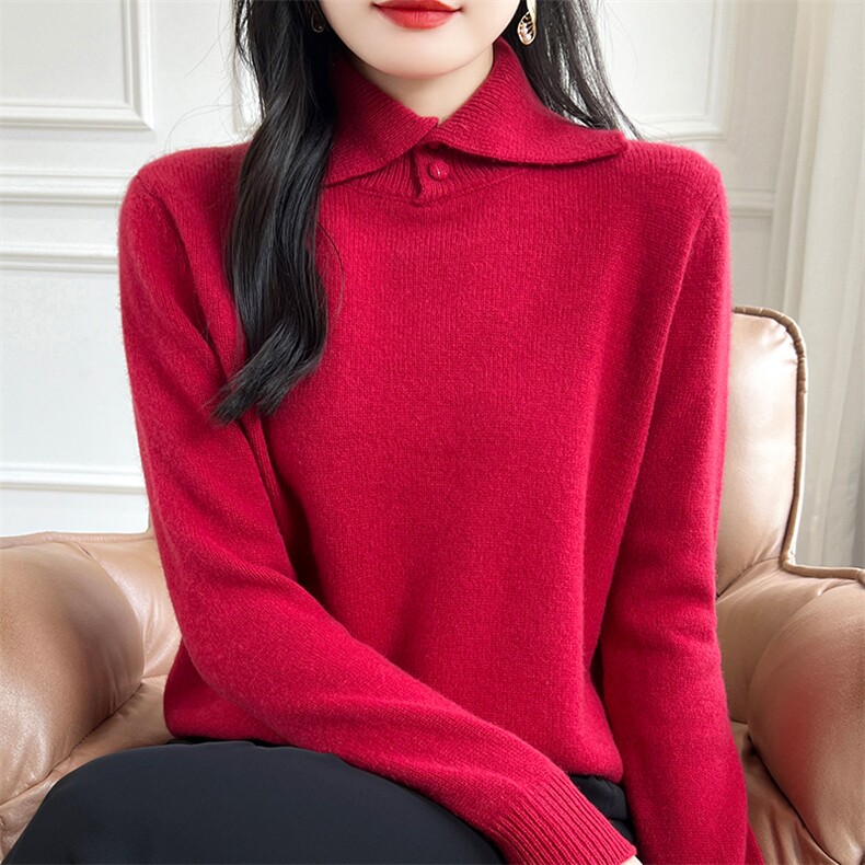 羊毛衫女宽松秋冬新款翻领显瘦毛衣套头套头打底针织衫,女装羊毛衫,哲奥羊绒