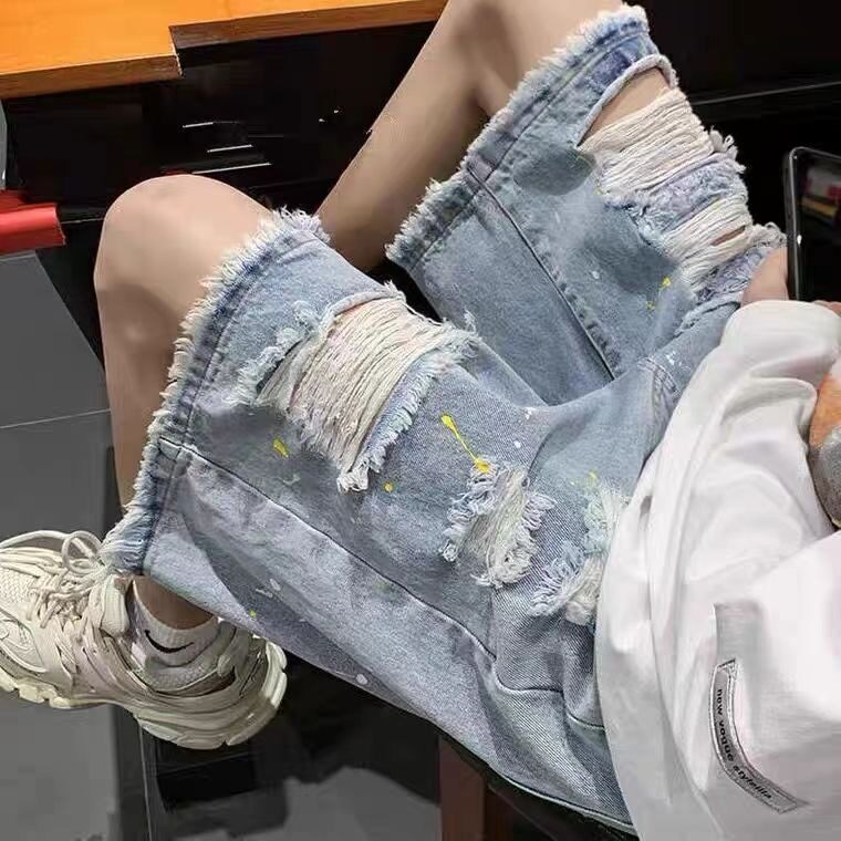 破洞牛仔短裤男夏季薄款美式复古乞丐马裤潮牌高街毛边过膝五分裤图片