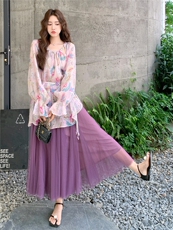 【档口】紫色碎花上衣网纱半身裙套装2C158-6008-P165-K238，女装套装/套裙，2C158