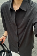 薄款冰丝短袖衬衫男简约纯色垂感休闲痞帅衬衣CS288-P20，男装T恤，星座301C-5