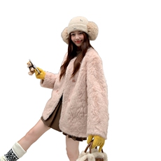 粉色花狐貂皮毛一体羊羔毛厚外套女秋冬超火好看加绒派克棉服大衣，女装皮草，2C219
