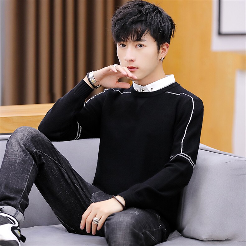 家乐6774衬衫领假两件男潮流针织线衫长袖薄圆领套头打底毛衣,男装针织衫/毛衣,电商D310（原电商305）