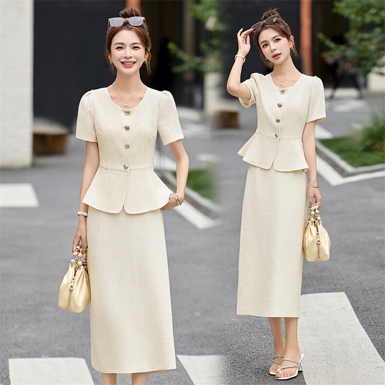 2025夏季新款短袖女装通勤小香风时尚高端显瘦收腰职业套裙两件套，女装套装/套裙，布芭啦