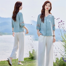 独特漂亮苎麻夏季2025新款宽松刺绣天丝衬衫棉麻裤妈妈，女装大码女装，木橙西子