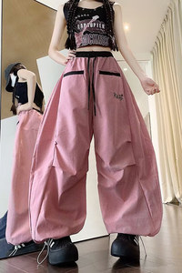 美式嘻哈阔腿伞兵裤子男女夏季新款2025褶皱弯刀休闲裤-A2172TP48图片