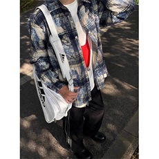 水墨晕染格纹衬衫外套做旧破坏扎染毛边格子长袖衬衣CS001-P65，男装衬衫，星座908
