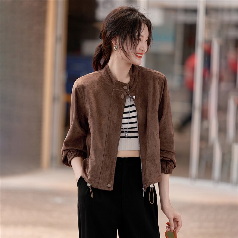2026新款春季新款女装外套女复古感麂皮绒咖色短款圆领韩版百搭,女装皮衣,潮流依族